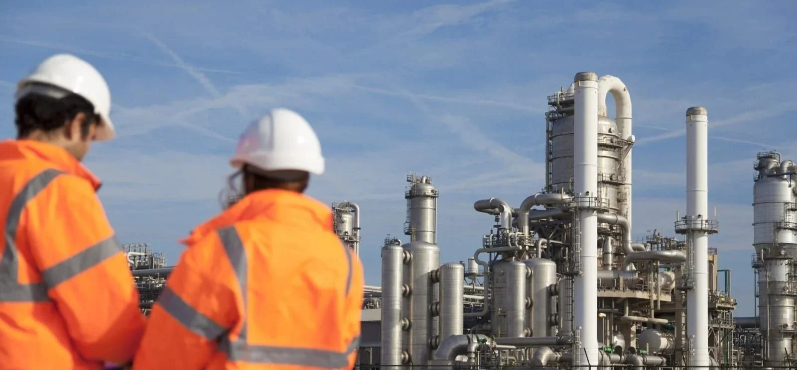Two workers in orange safety vests and white hard hats standing in front of an industrial plant with numerous metallic pipes and towers under a blue sky.