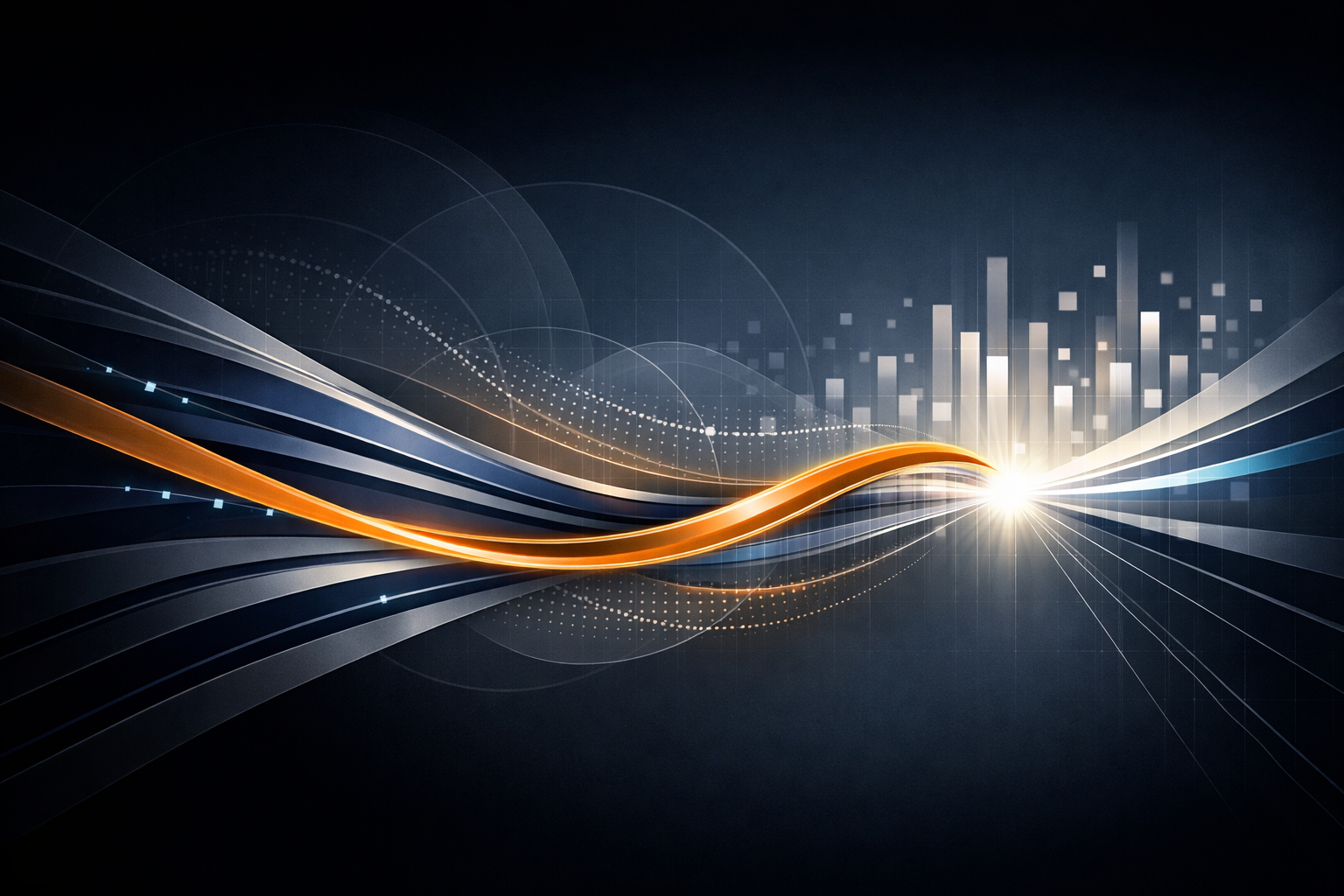 Abstract digital illustration with flowing lines, glowing light, and bar graphs.