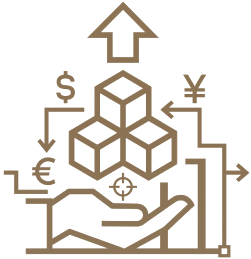 Illustration of a hand holding a cube with financial symbols, arrows, and a large upward arrow indicating growth or investment. Symbols include dollar, euro, yen, and other currency signs.