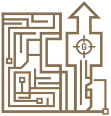 A maze with a black background and copper walls, featuring a path leading to an upward arrow at the top that represents enterprise ecosystems.