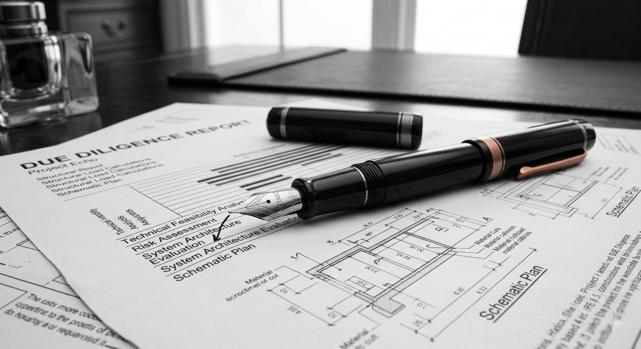 A close-up, sharp-focus shot of a high-end fountain pen resting on a printed, technical due-diligence report or a sophisticated architectural blueprint.