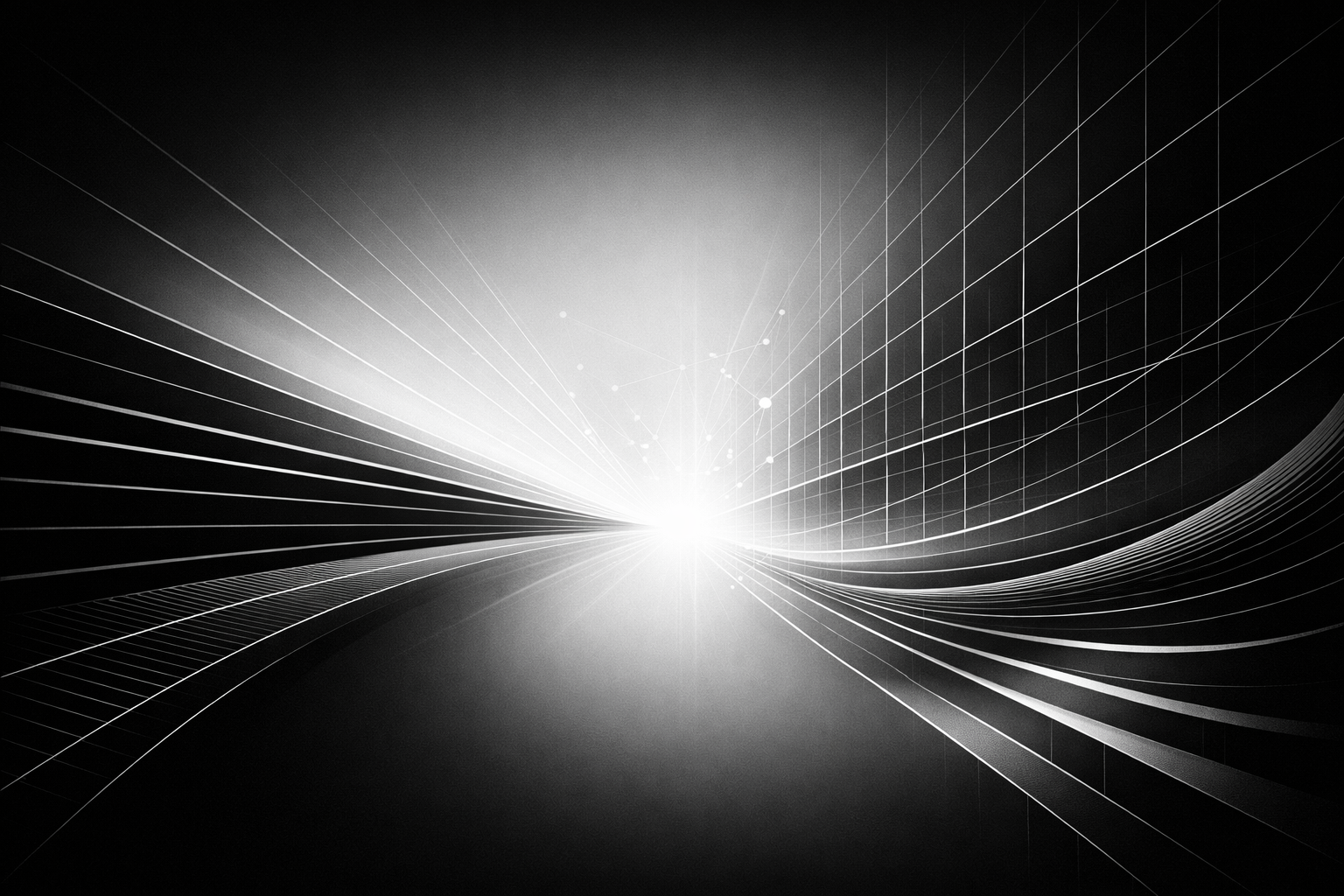 Abstract digital light rays and grid lines converging at a bright light source in the center, with a black background.