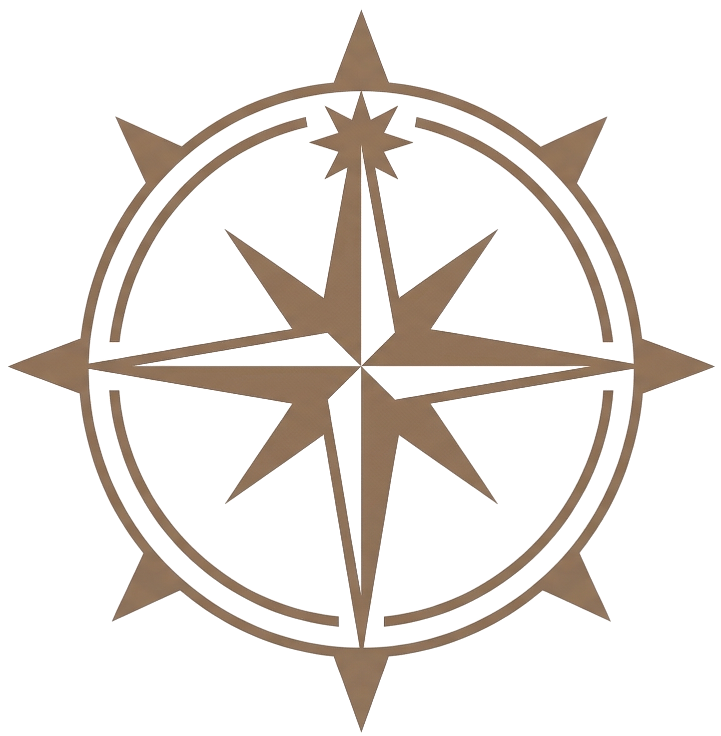 A metallic compass rose with a star at the center, surrounded by circular and pointed arrow-like shapes.