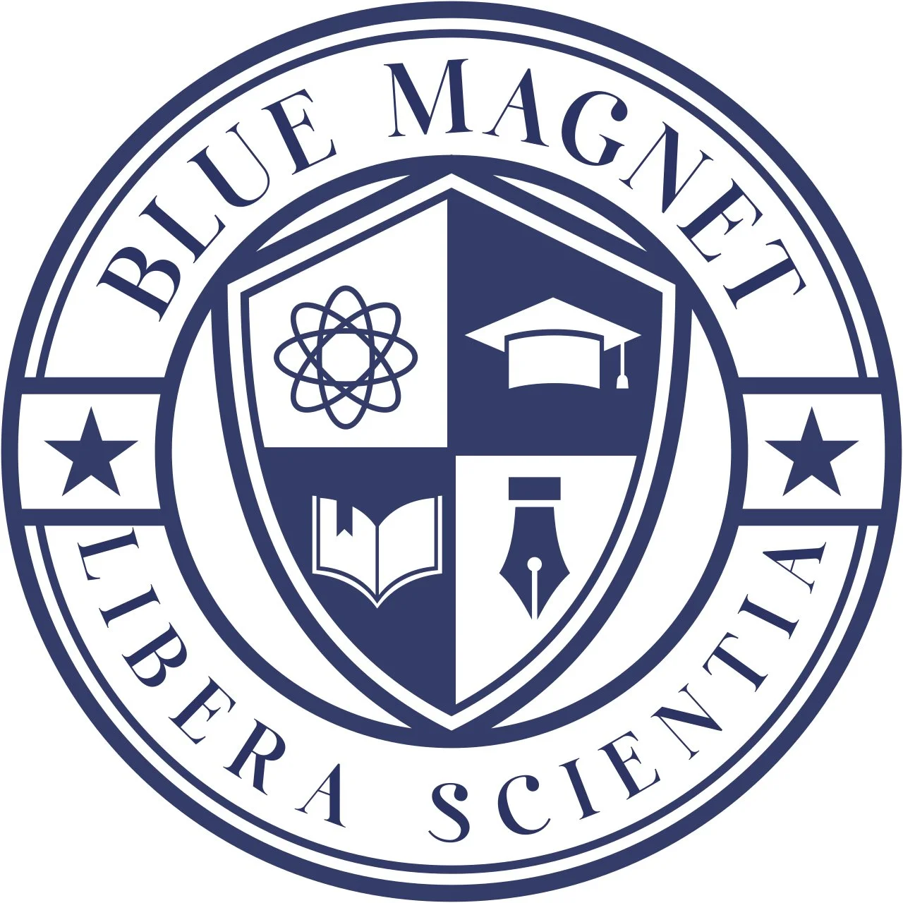 Seal of Blue Magnet Library for Science displayed in navy blue and white, featuring a shield with science symbols and a graduation cap, surrounded by a circular border with the text "Blue Magnet Library for Science."