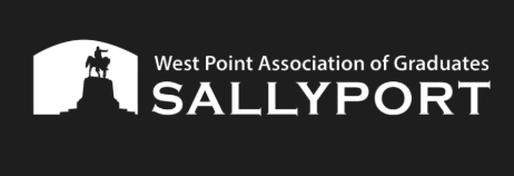 Logo for West Point Association of Graduates, featuring a silhouette of a soldier on a horse on a hill with a fortress wall.