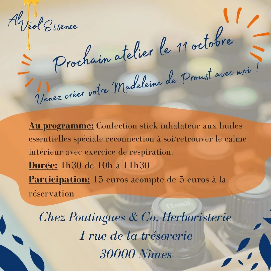 ✨ En avant pour un nouvel atelier autour des souvenirs olfactifs r&eacute;confortants! 
Ces odeurs qui nous apaisent instantan&eacute;ment ! 🌸

Venez confectionner un stick olfactif aka votre Madeleine de Proust 🧡

Le 11 octobre de 10h &agrave; 11h