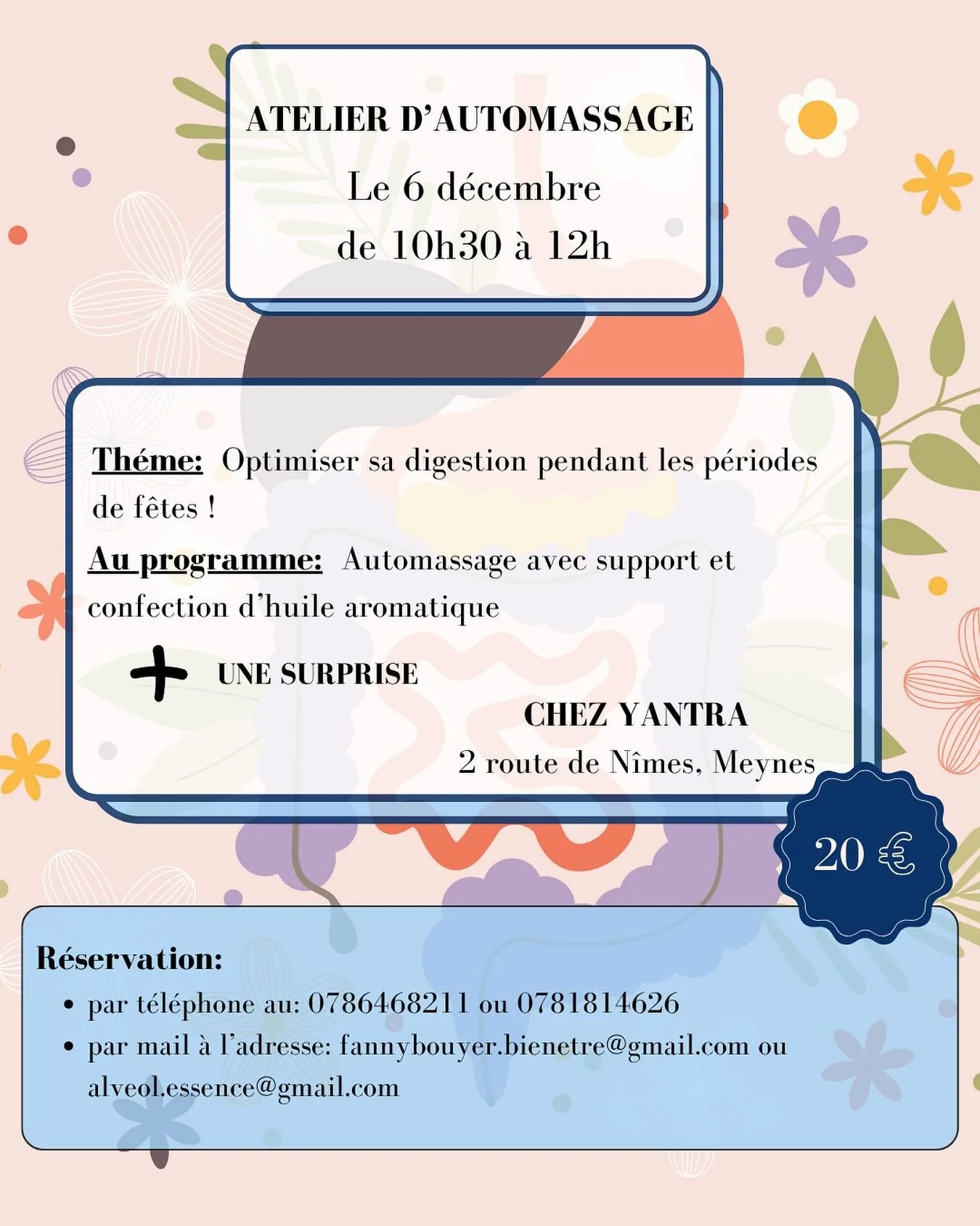 ✨Atelier d&rsquo;auto-massage 

Optimiser sa digestion pendant les p&eacute;riodes de f&ecirc;tes ! 🌲

Qu&rsquo;allons-nous faire? 🤔

- Confection d&rsquo;huile aromatique avec une s&eacute;lection d&rsquo;huile essentielles sp&eacute;ciale Digesti