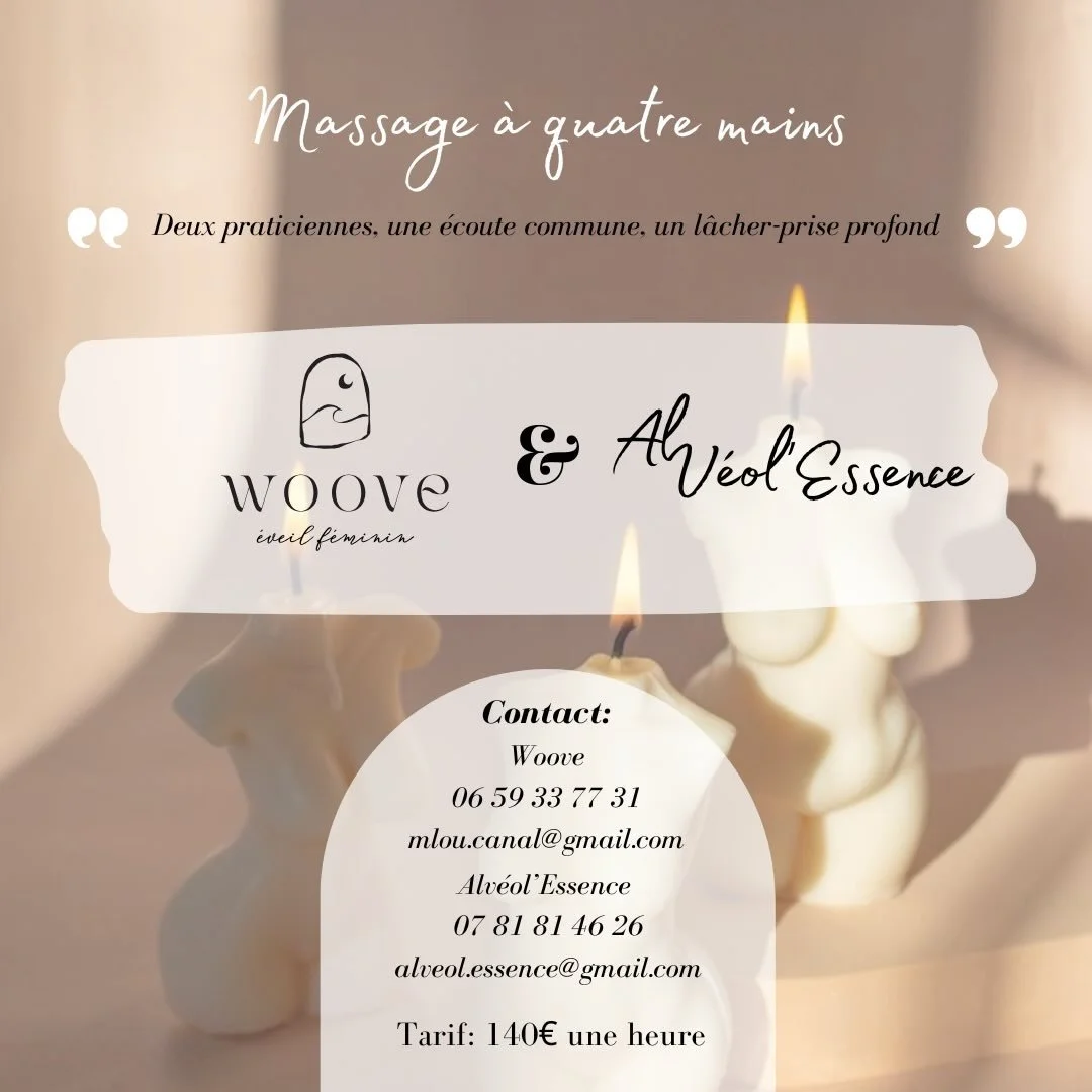 ✨Quand deux univers se rencontrent et cr&eacute;ent une synergie ✨

- WOOVE &amp; ALV&Eacute;OL&rsquo;ESSENCE -
Deux praticiennes, une &eacute;coute commune, un l&acirc;cher-prise profond!

Un massage &agrave; 4 mains ce n&rsquo;est pas un massage or