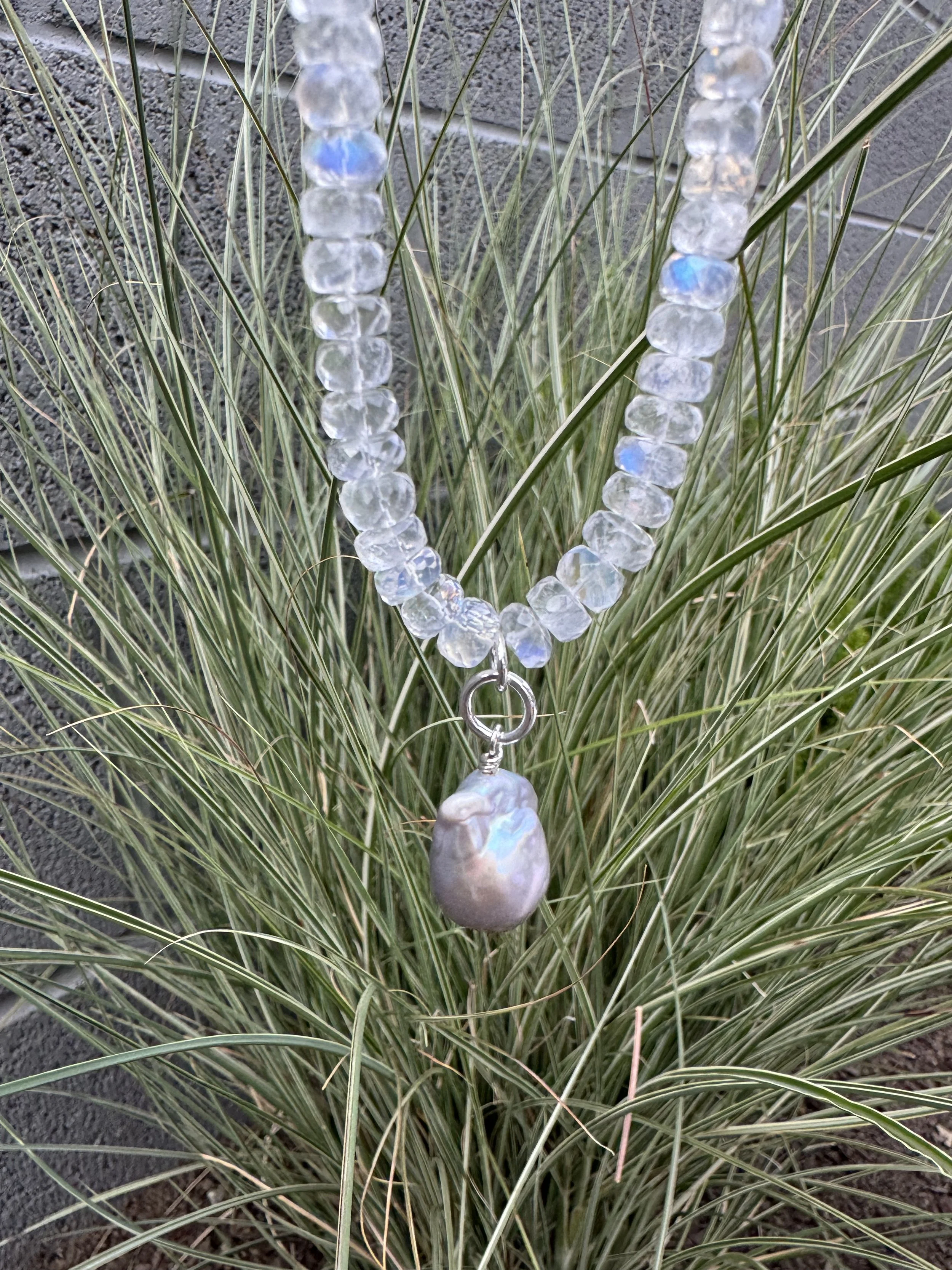 Moonstone with Silver Baroque Pearl Necklace