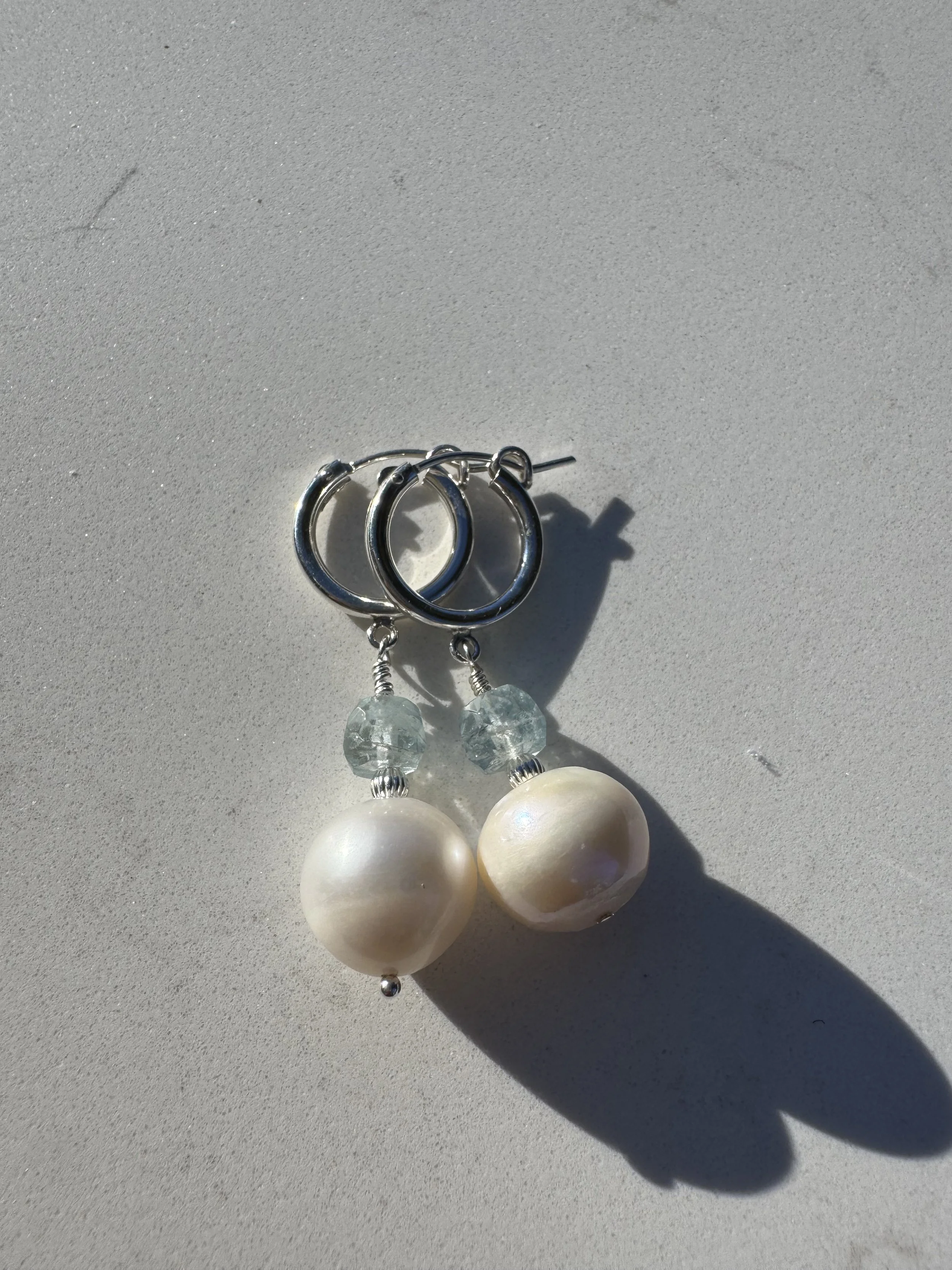 Round Pearl & Aquamarine Earrings