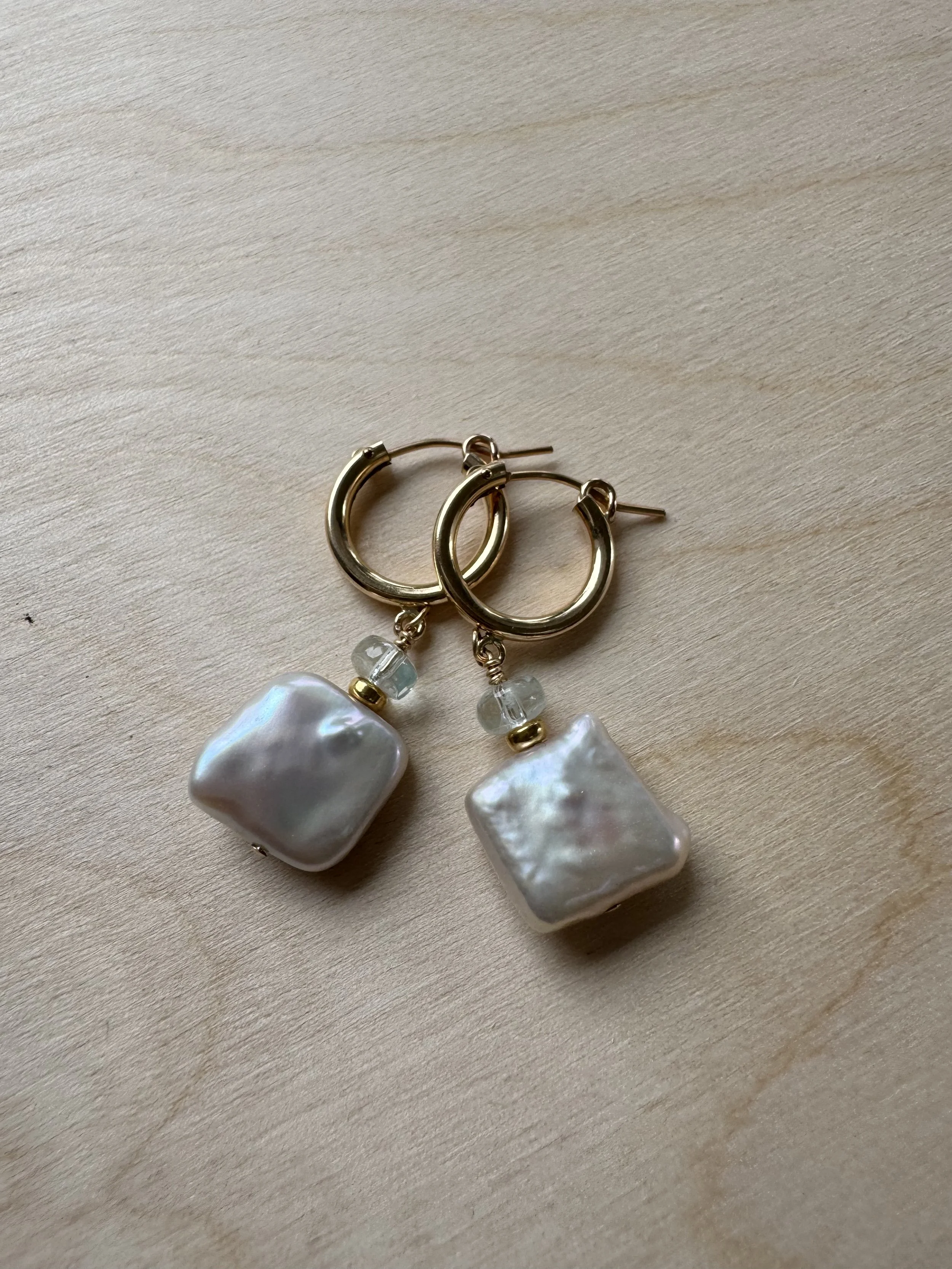Square Pearl & Aquamarine Earrings