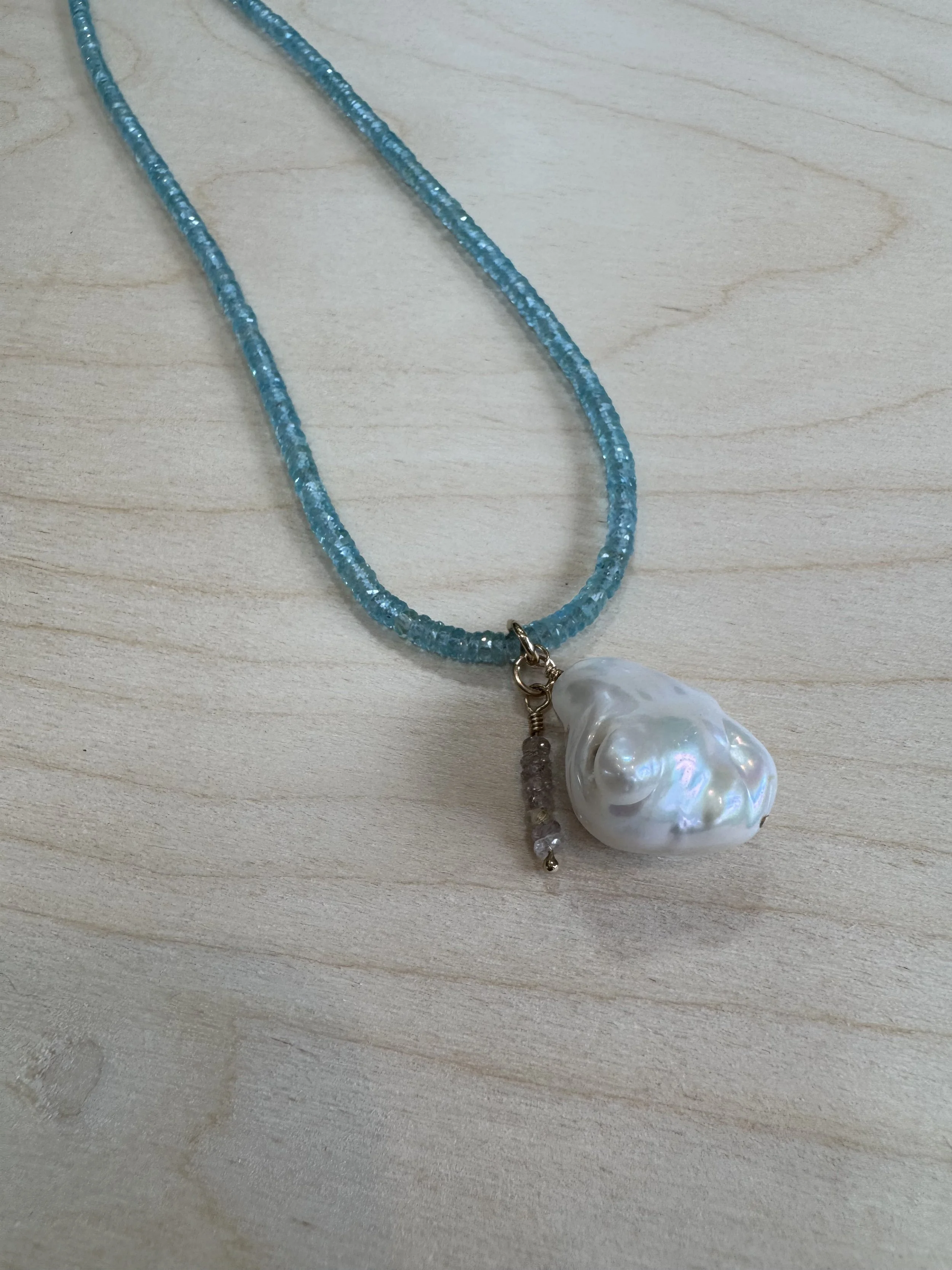 Apatite Necklace with Baroque Pearl & Natural Sapphire Pendants