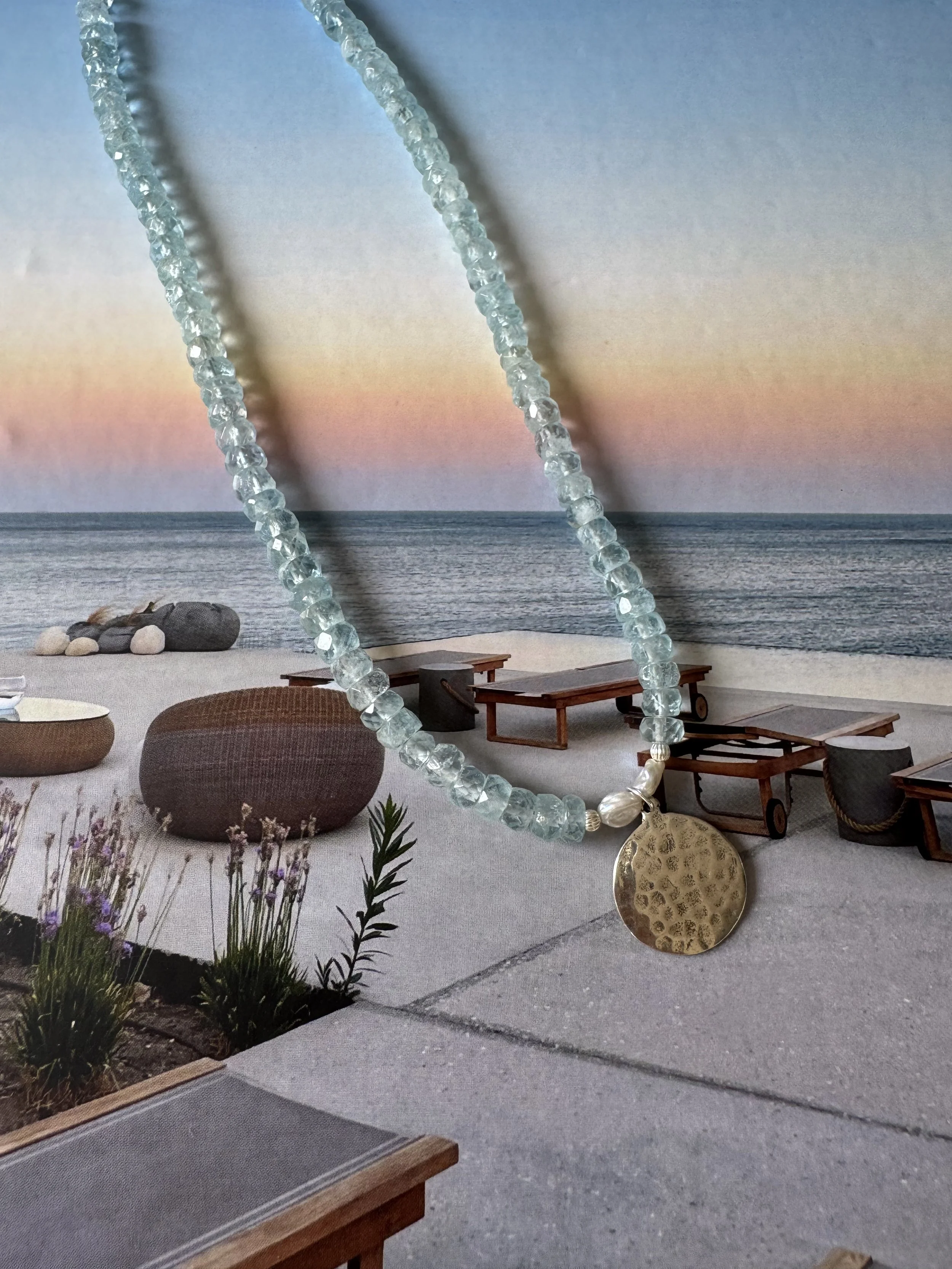 Aquamarine with Sterling Silver & Pearl Pendant