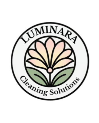 Logo for Luminar Cleaning Solutions featuring a stylized flower with pink, peach, and green petals.