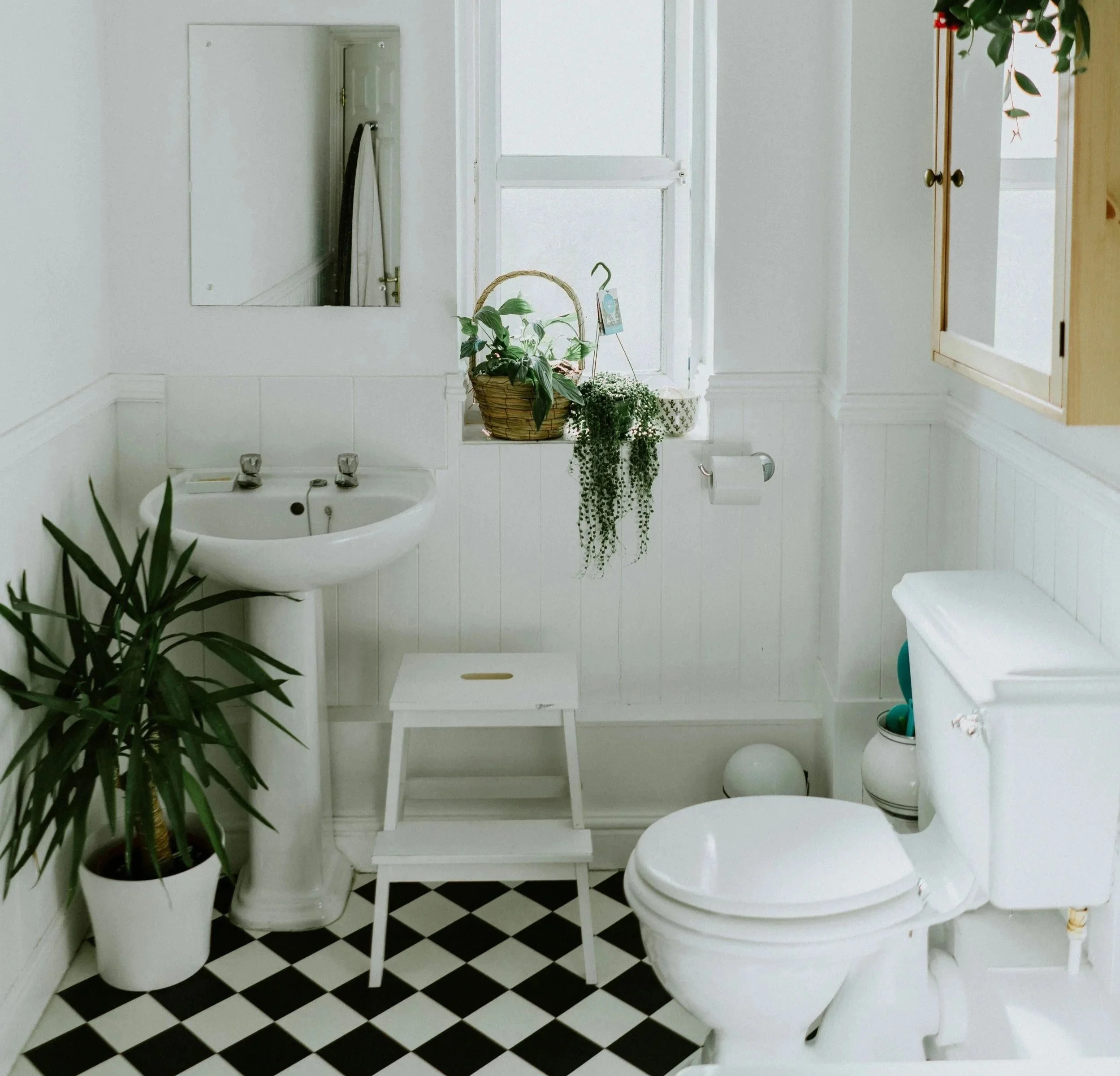 A small, bright bathroom with white walls and black-and-white checkered floor. It features a white pedestal sink, a white toilet, and a white step stool. A green potted plant is placed beside the sink, and there are hanging plants and a basket of greenery on the window sill. A mirror is mounted on the wall, and a towel hangs on a rack near the door.