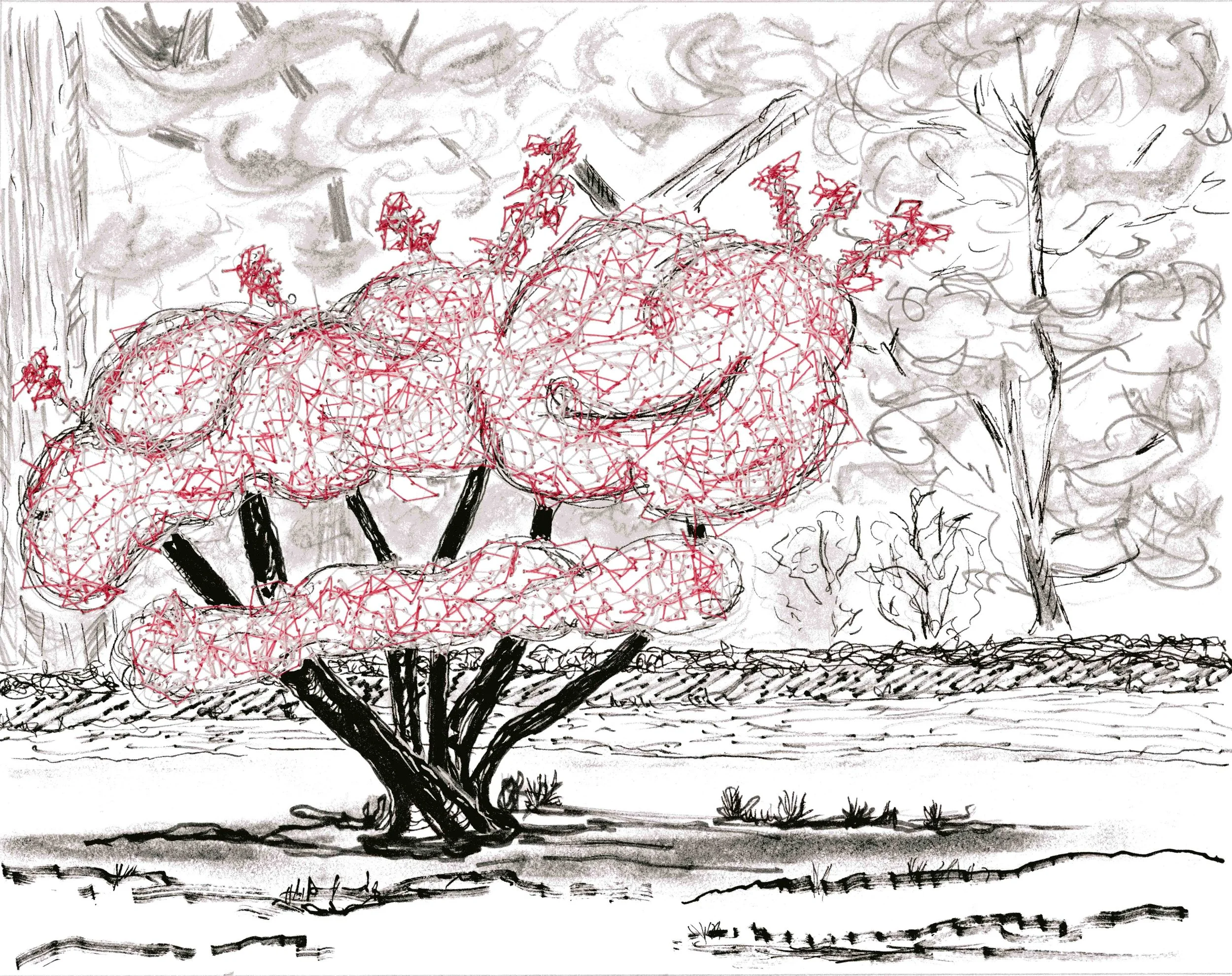  Threads of Spring  
thread, ink and graphite on vellum 
Framed: 15.25" x 12.25" x .75"  