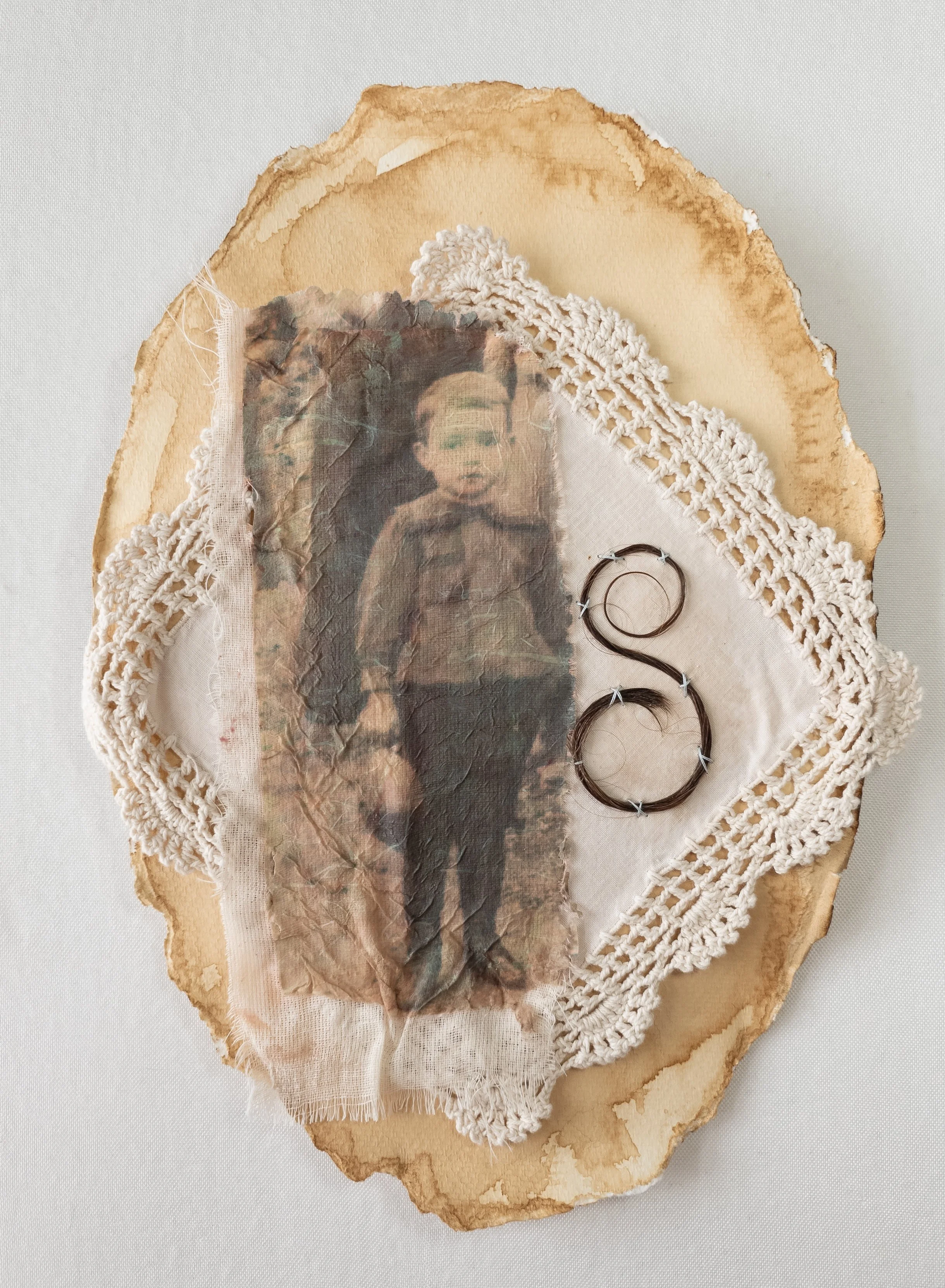   For Safe Keeping    
 Mixed Media Collage Attached to Wood Panel  
 12" x 9" oval  
