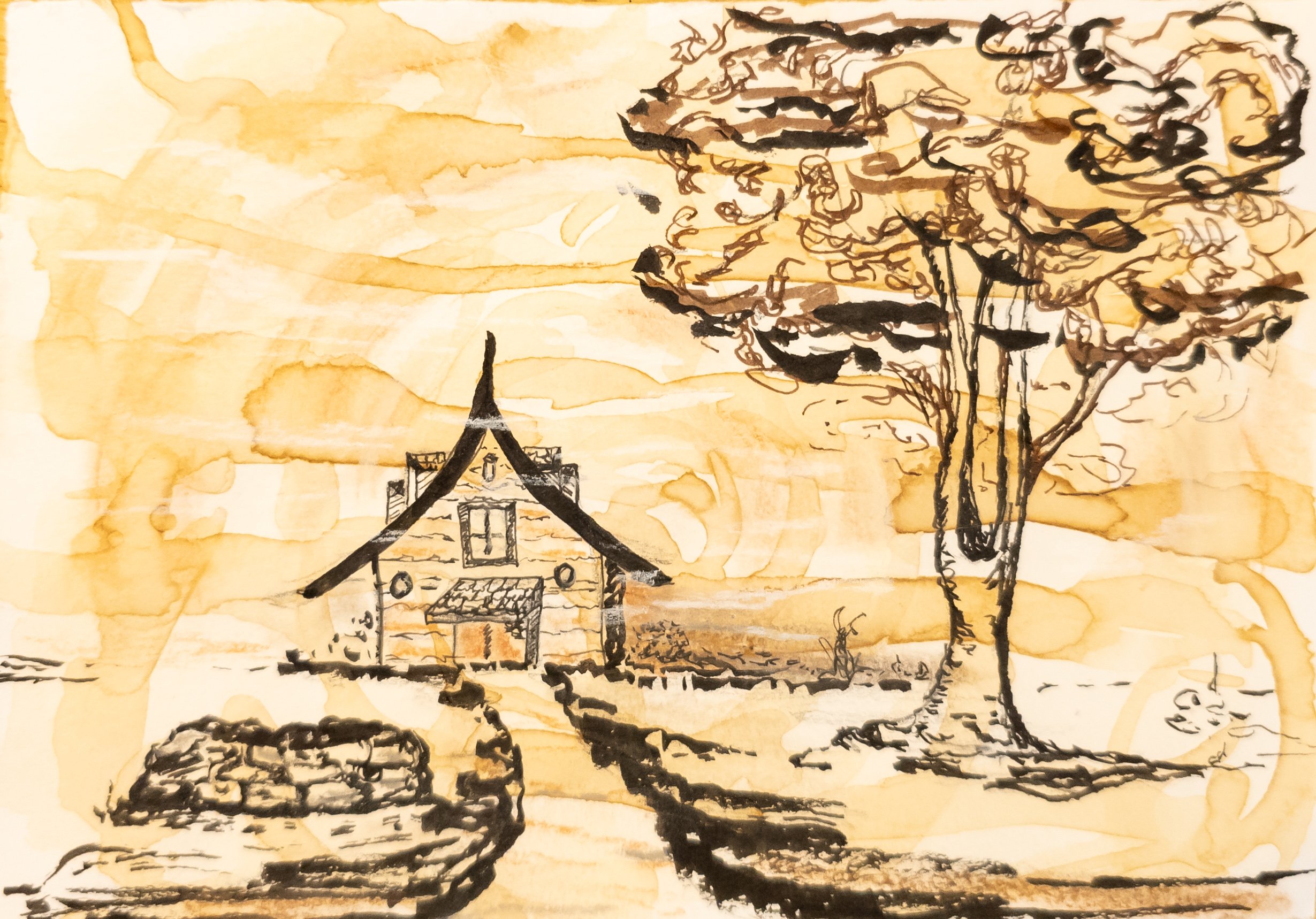  Silent Hours No.5  
Coffee and Tea Washes with ink and charcoal on vellum  
Size: 4" x 6"  