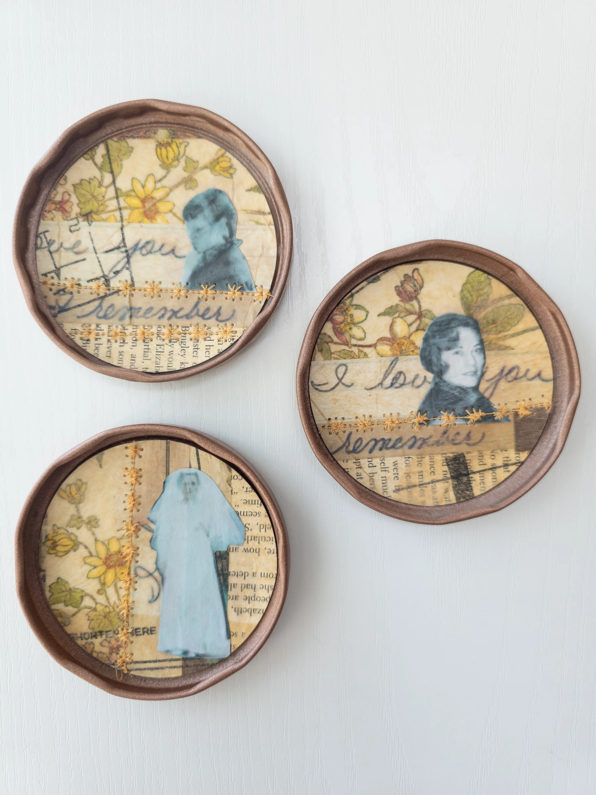  The Selves We Carry No.1  
Mixed Media paper collage with Assemblage Component (pickle jar lids) 
Three 3" lids frame these collages  