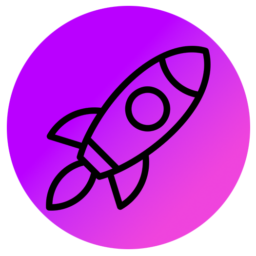 Outline drawing of a rocket on a purple and pink gradient background.