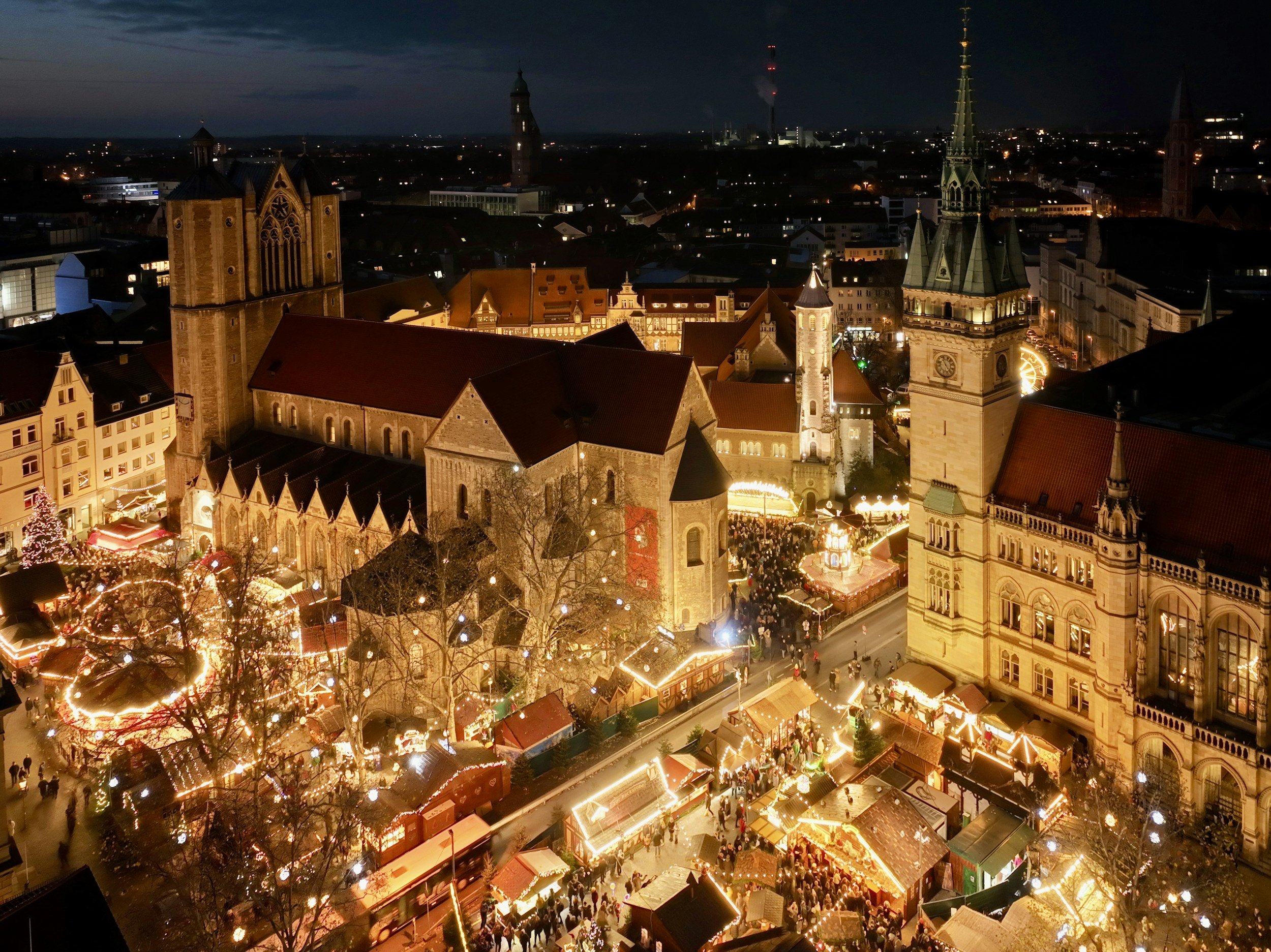 medieval old town lit up at night