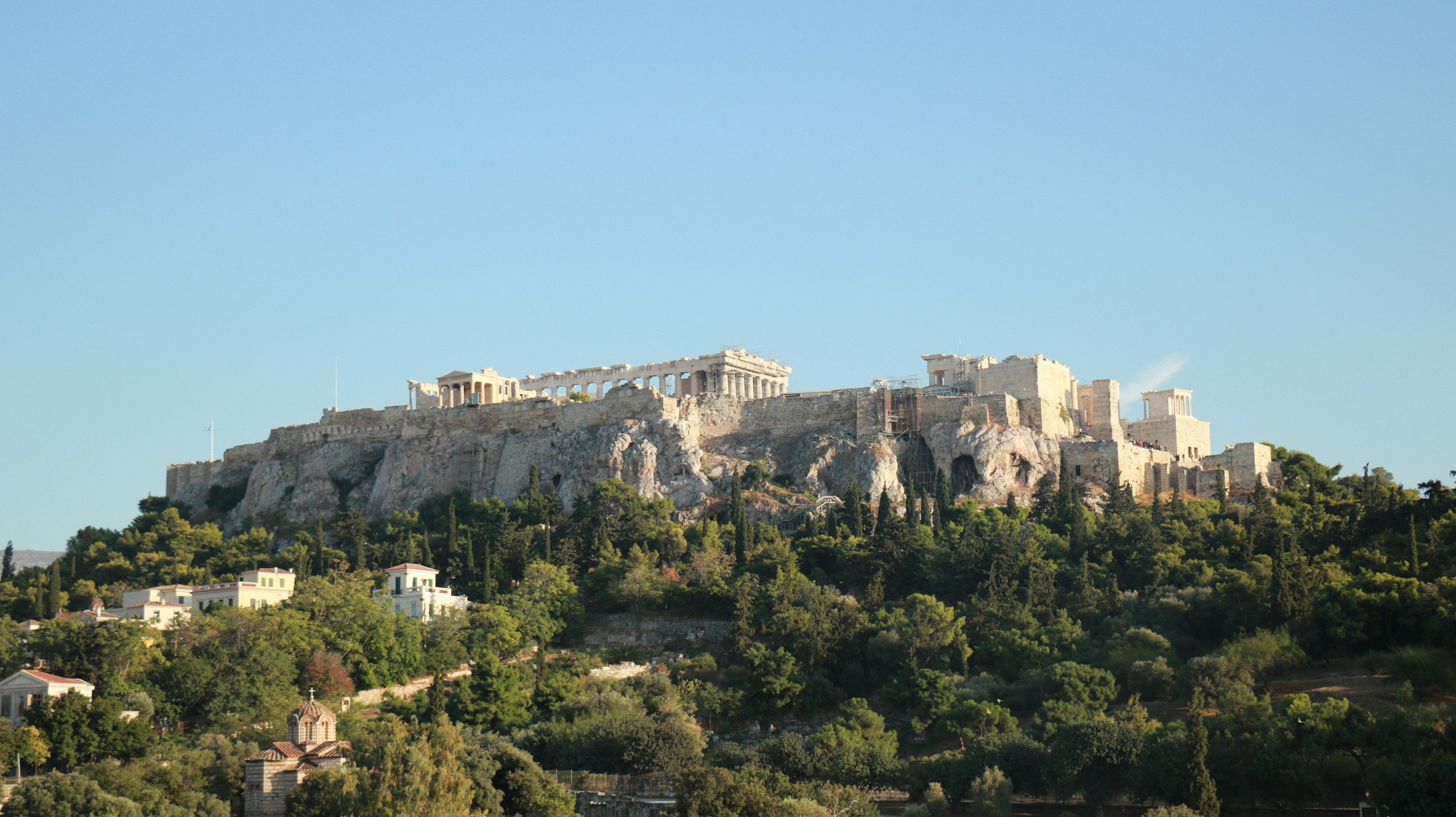 acropolis from below blue sky