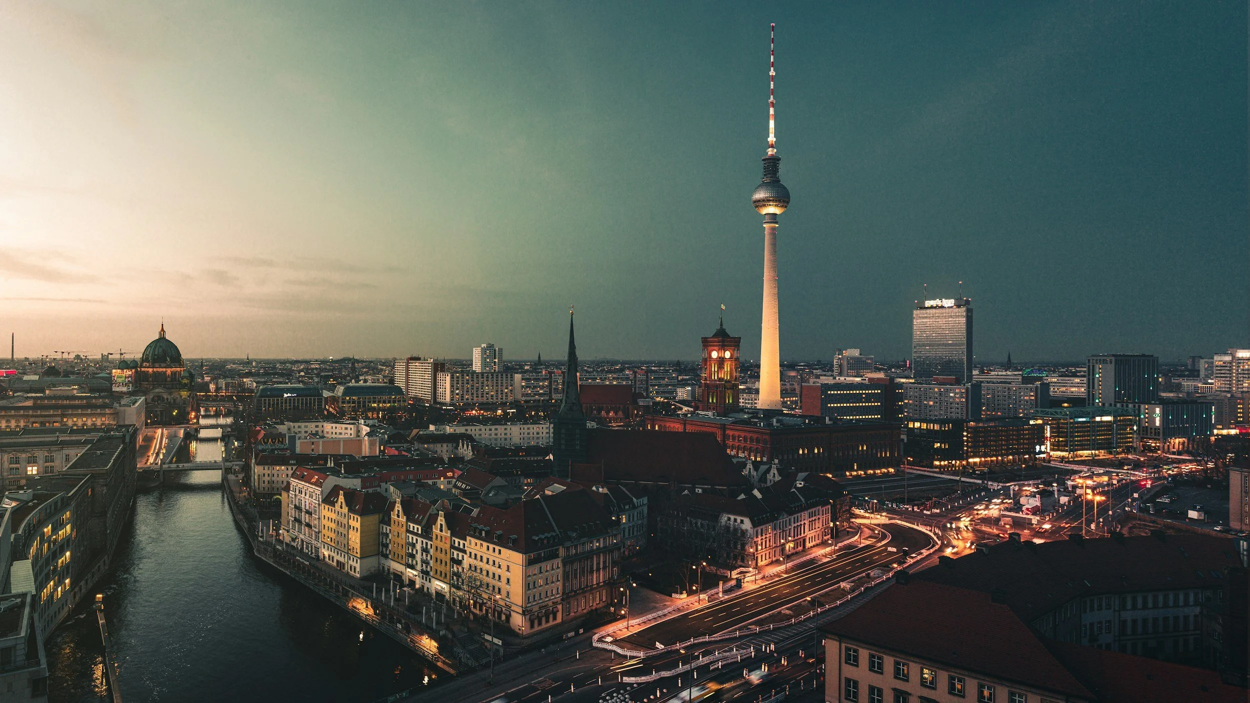 berlin skyline and river after dark