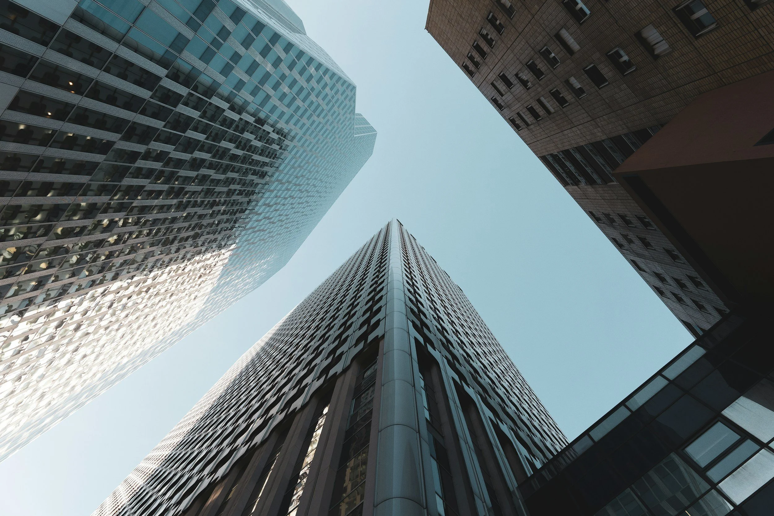 new york skyscrapers in the daytime, shot from below