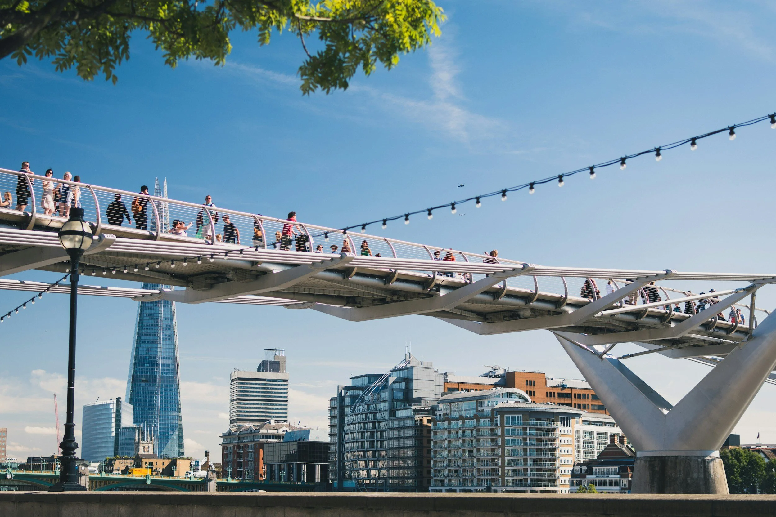 people walking across bridge london