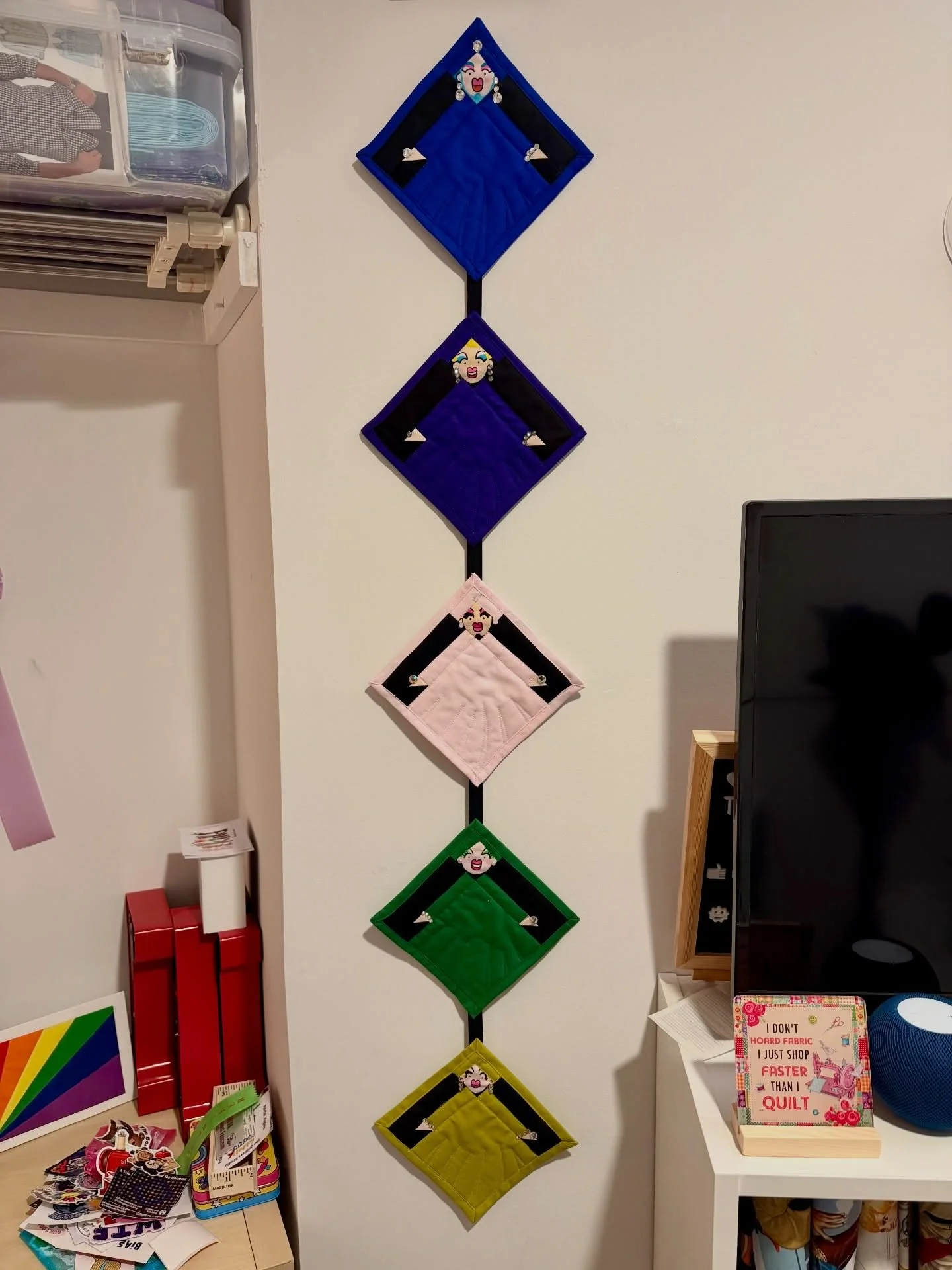 Today&rsquo;s #IGQuiltFest prompt is sewing room pals&hellip; and while I don&rsquo;t have a cat stealing my thread or a dog napping under the sewing table, I do have five very opinionated roommates watching my every stitch.

Hanging on the wall behi