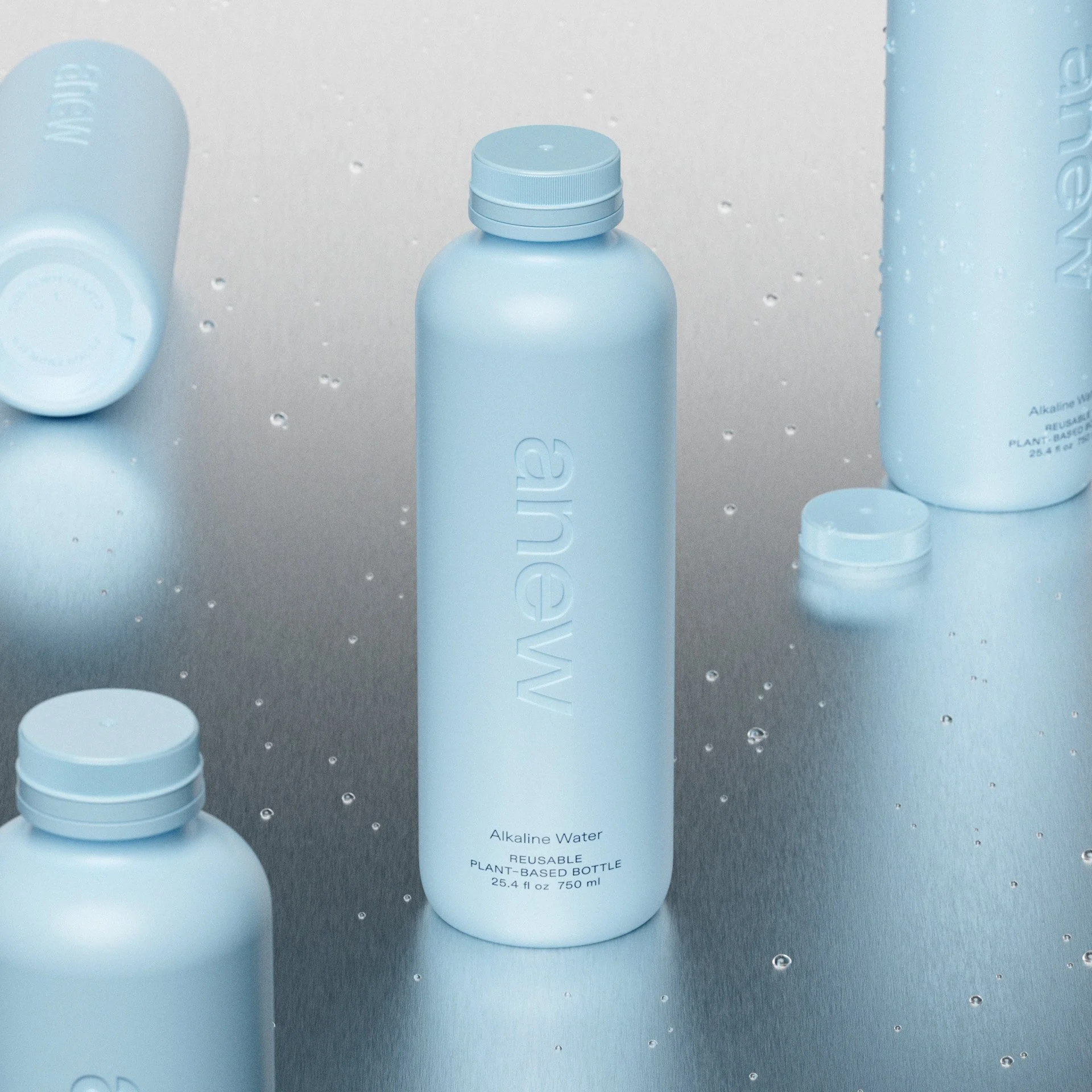 Light blue bottle of Avea alkaline water with a screw cap, surrounded by other similar bottles and caps on a metallic surface with water droplets.