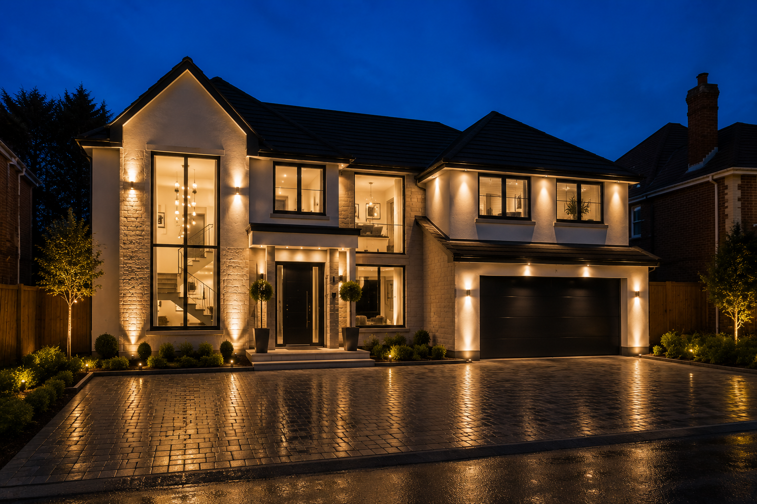 Modern two-story house with exterior lighting, large windows, and a double garage, nighttime setting with wet driveway and landscaped front yard.