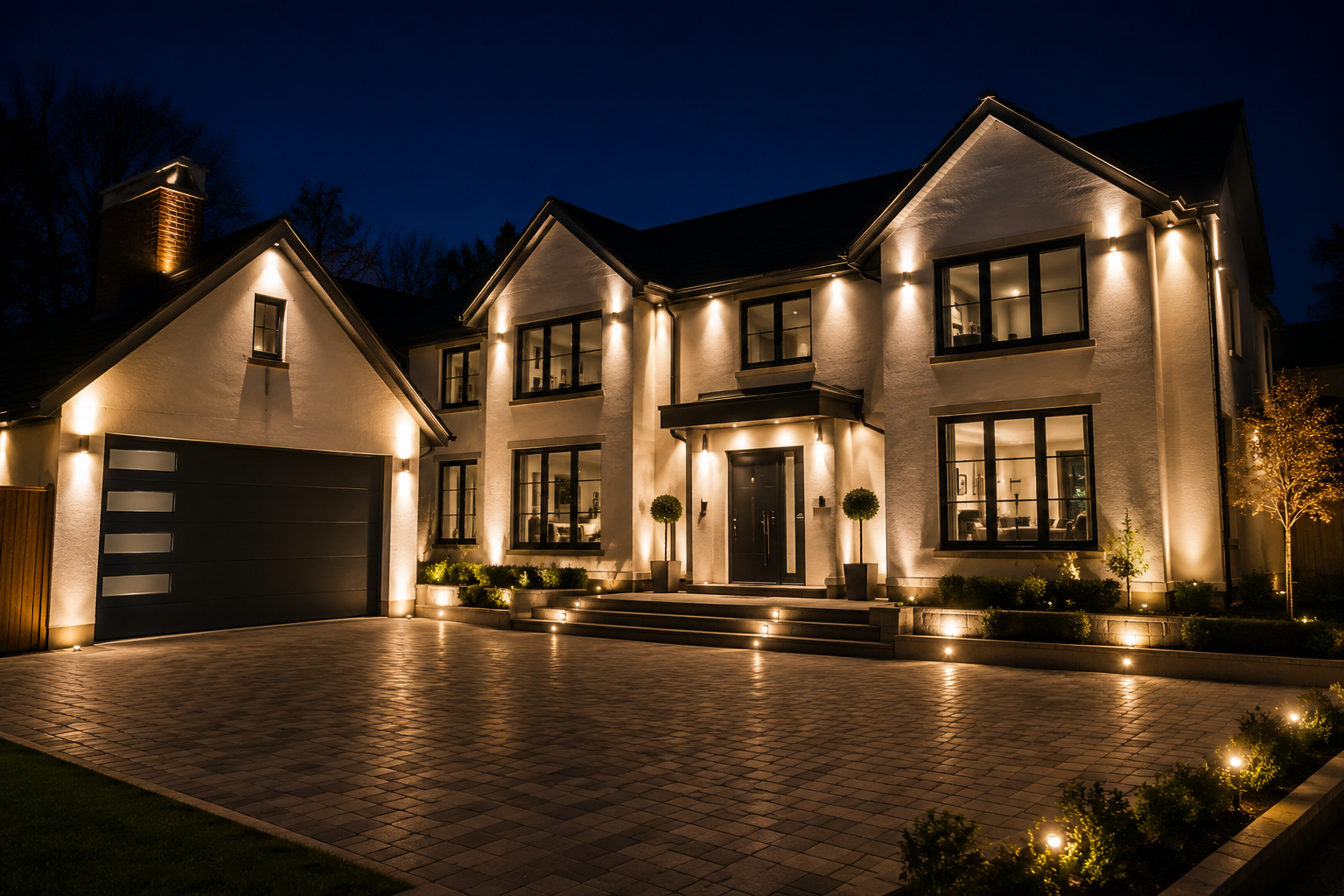 Nighttime view of a modern two-story house with exterior lighting, large windows, a dark garage door, and a paved driveway.