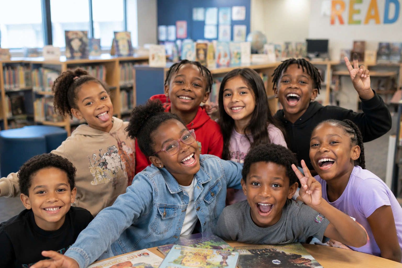 A group of diverse happy children in a library, smiling and posing for the camera with books on the table in front of them.