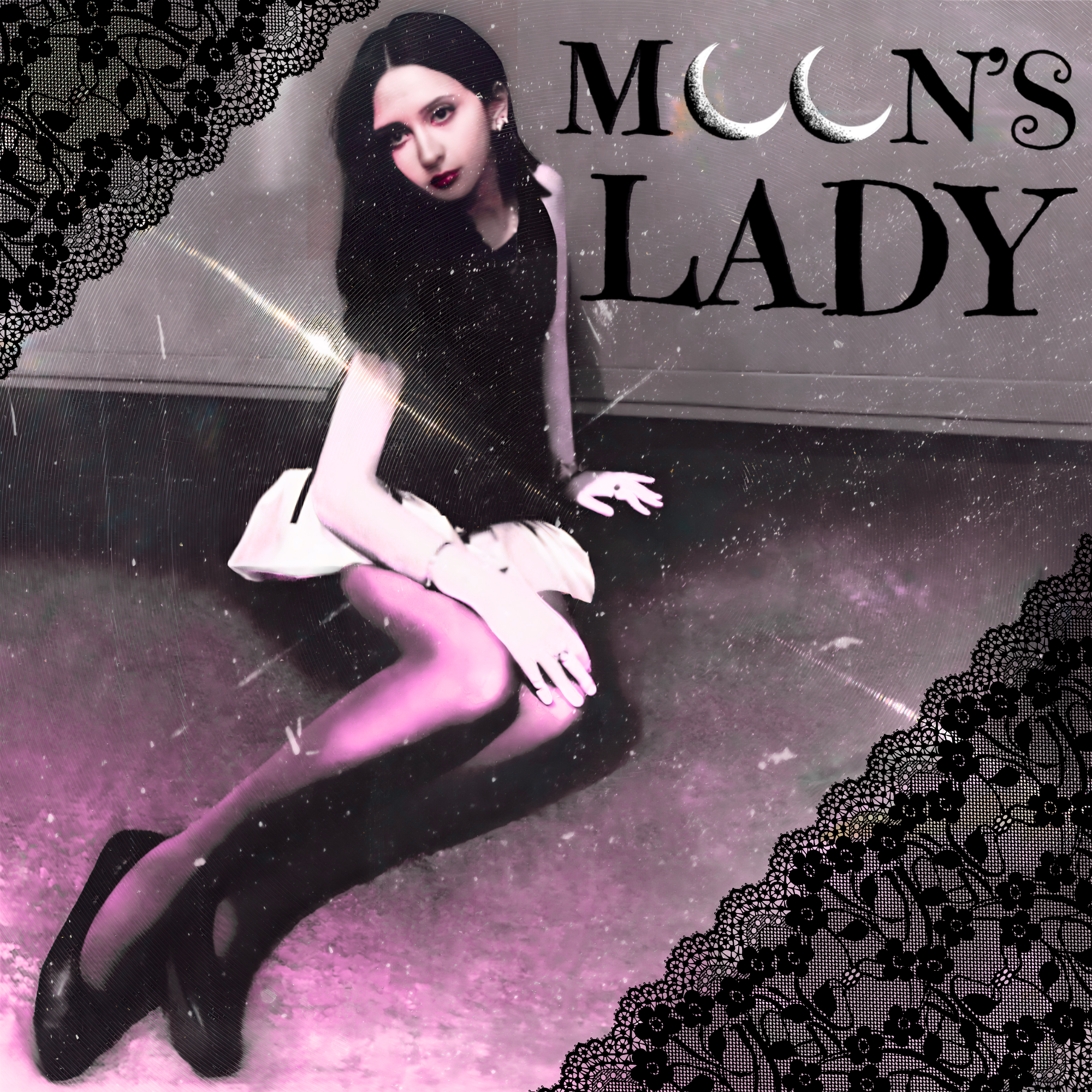 Talia Hilmi sitting on a faded pink and purple carpet, looking at the camera with a serious expression, with the words 'MOON'S LADY' written on the wall as per he EP title MOON'S LADY. There is lace lining the top left and bottom right corners.