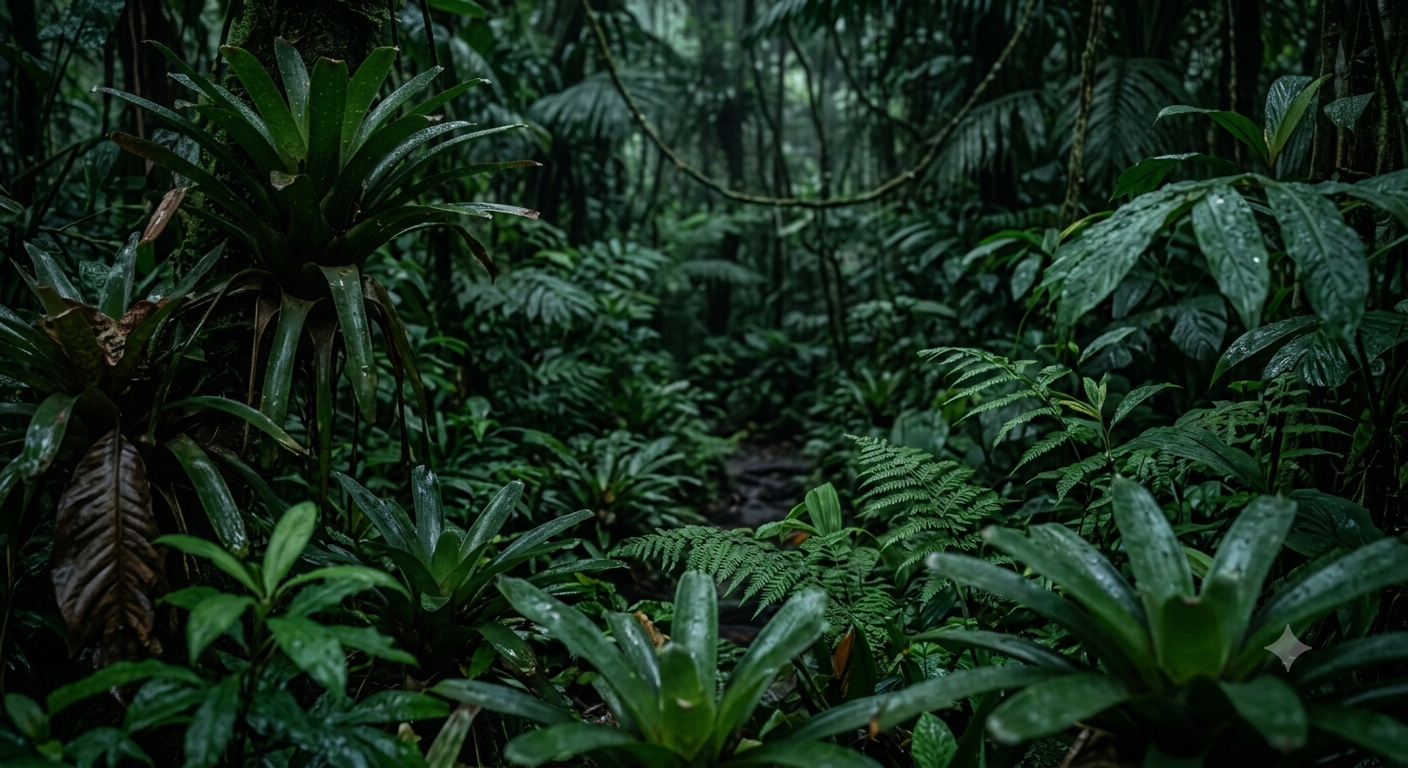 Dense green jungle with various tropical plants and ferns, wet leaves, and a faint pathway in the middle