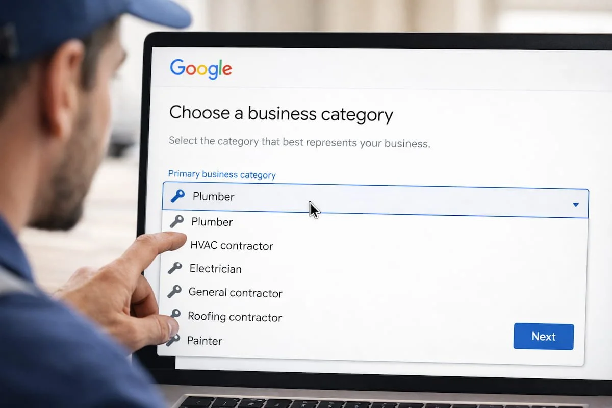 Contractor selecting the correct Google Business Profile category.