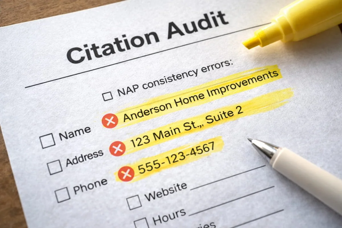 Citation audit checklist highlighting NAP consistency errors for a local contractor.