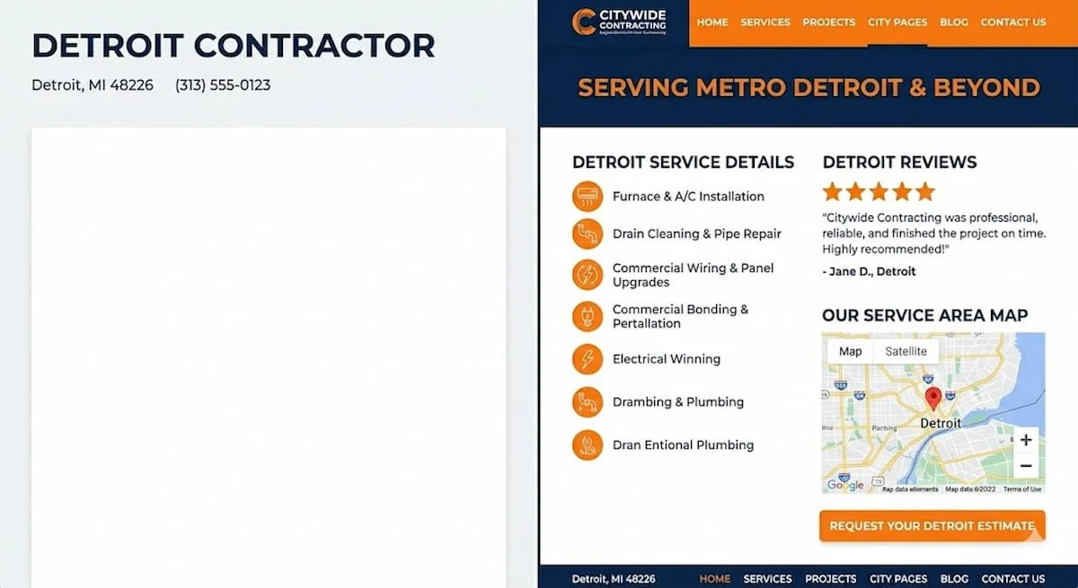 Comparison of a thin contractor city page versus a fully built local SEO landing page