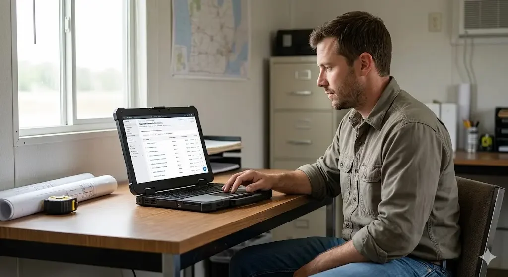 Contractor reviewing local keyword research data on a laptop at a job site desk