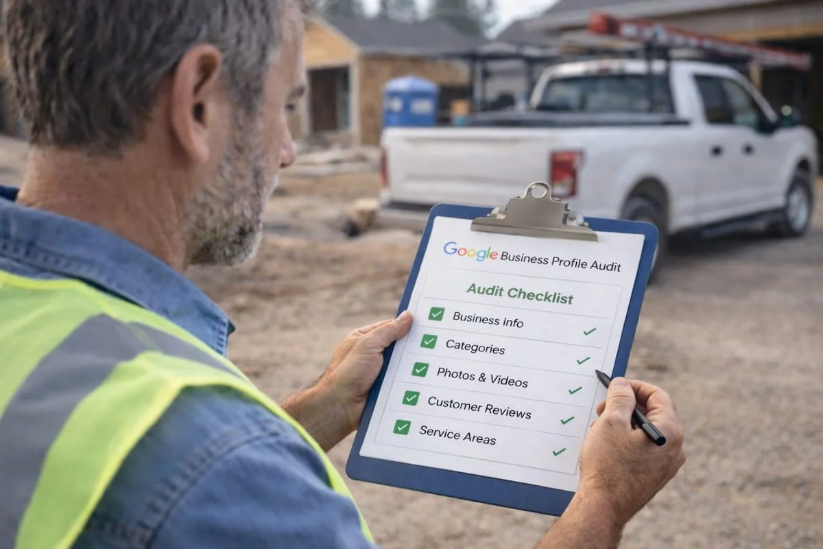 Contractor at a jobsite reviewing a Google Business Profile audit checklist on a clipboard.