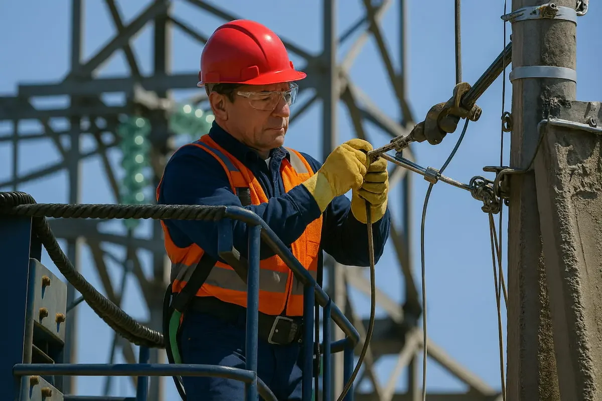 Electrician repairing power lines from a bucket truck