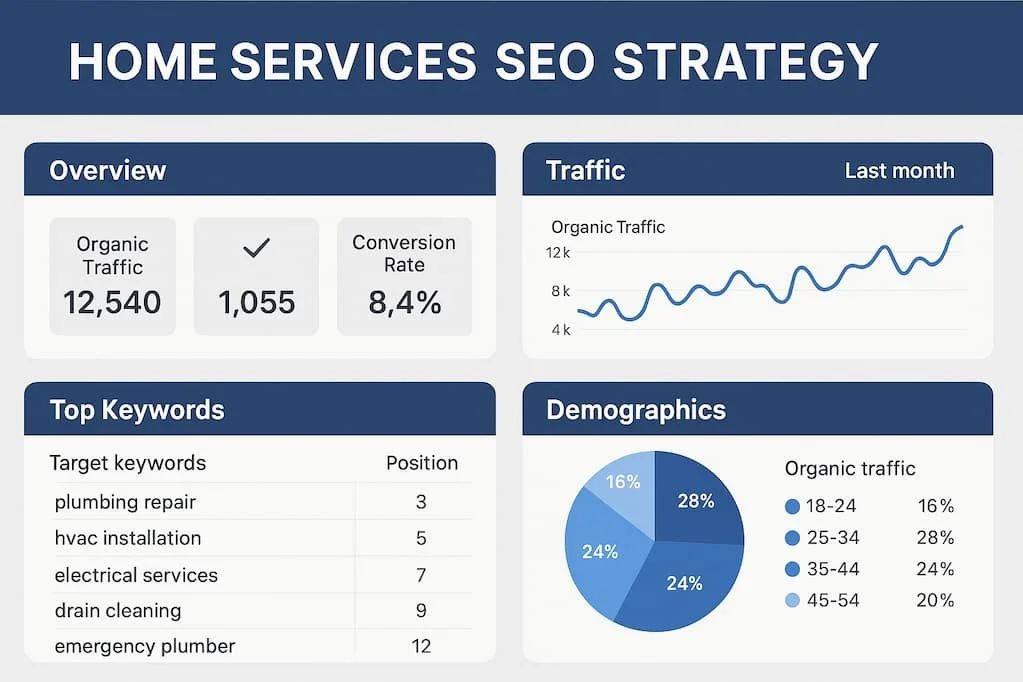 Home service business owner reviewing SEO performance dashboard from Dawla Marketing.