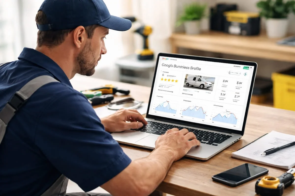 Contractor reviewing Google Business Profile optimization on a laptop.