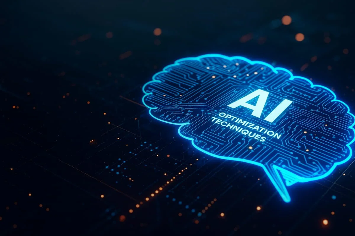 Futuristic AI optimization design with glowing digital brain and circuit patterns representing machine learning technology.