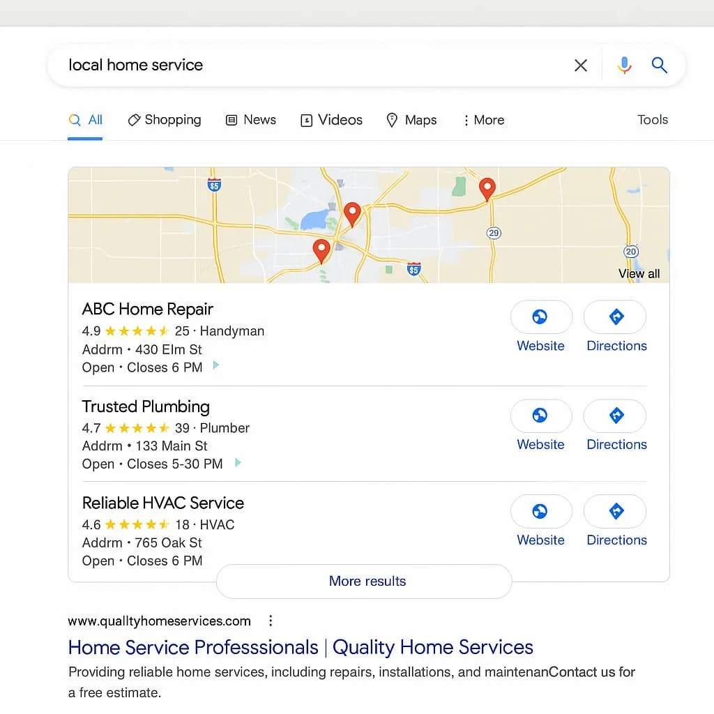 Example of Google search results for local home service contractors ranking on Maps and organic listings.