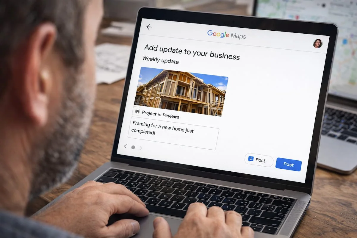 Contractor creating a weekly update for a Google Maps business listing.