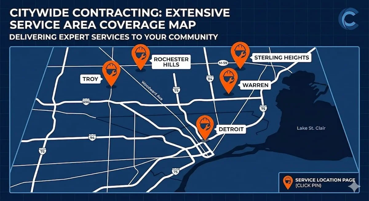 Map with location pins marking contractor service area cities targeted by local SEO landing pages