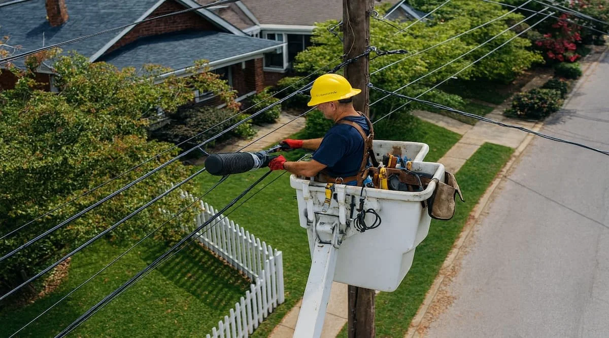 Electrician fixing power lines from bucket truck.