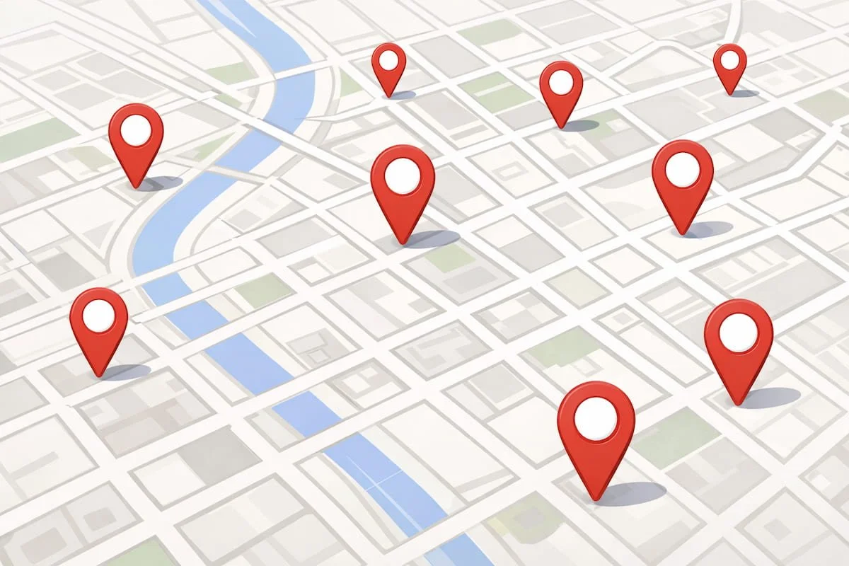 Map graphic showing multiple local directory listing pins representing consistent business listings.